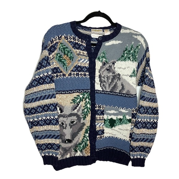 Cabela's Sweaters - Vintage Cabelas Womns Hand Knit Wolf Wilderness Cardigan Sweater Blue Fair Isle